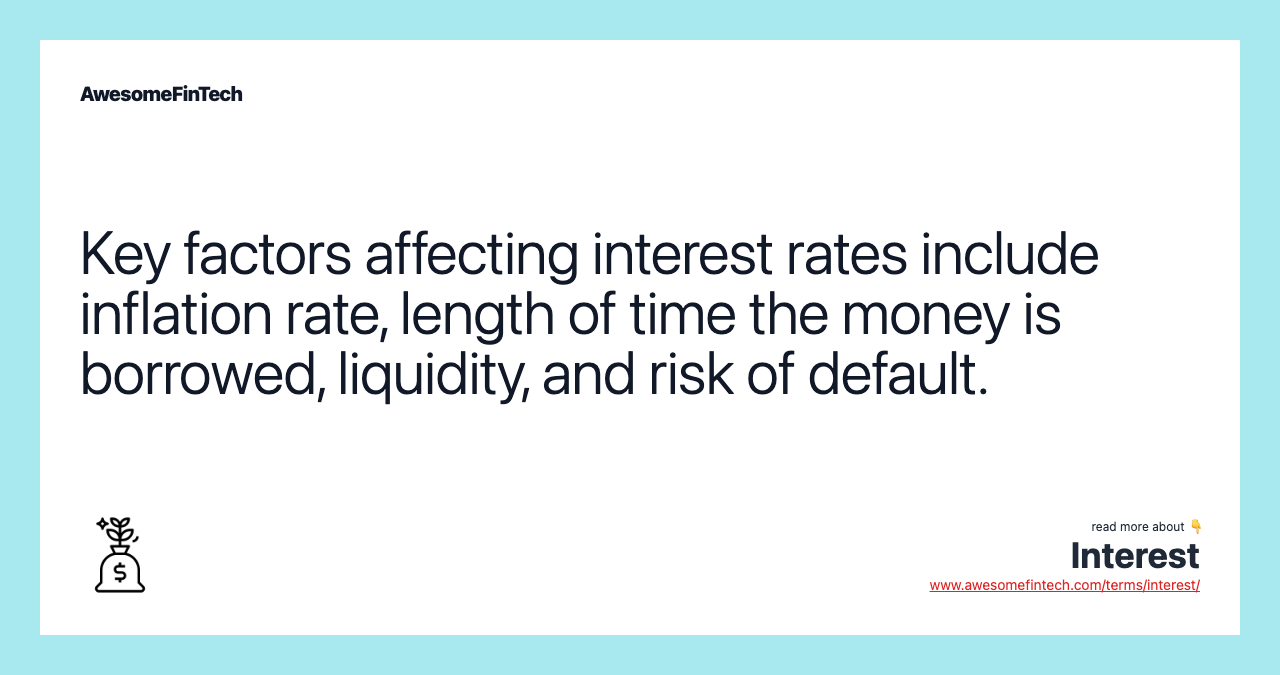 Key factors affecting interest rates include inflation rate, length of time the money is borrowed, liquidity, and risk of default.