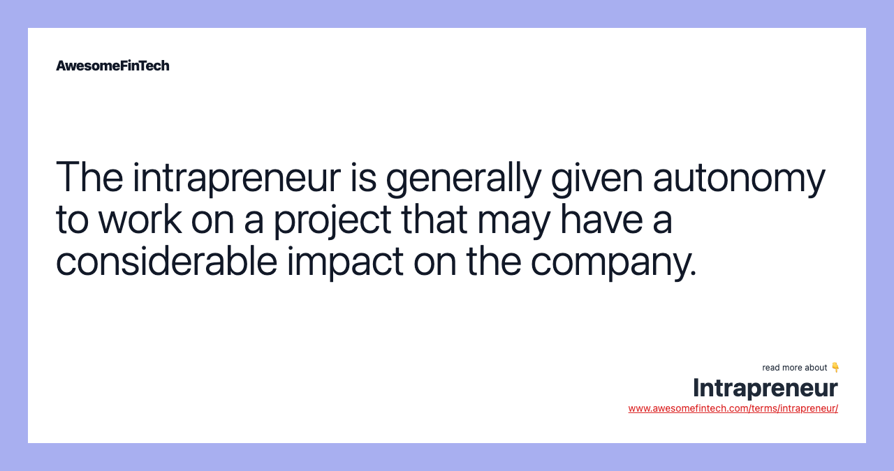 The intrapreneur is generally given autonomy to work on a project that may have a considerable impact on the company.