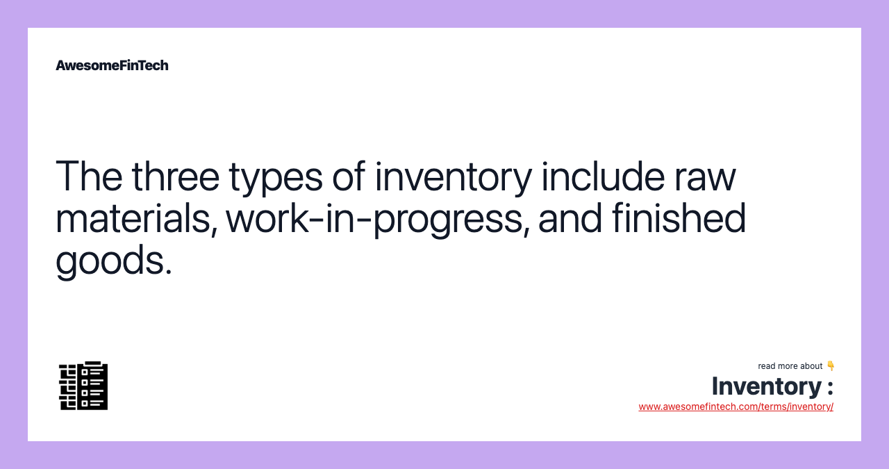 The three types of inventory include raw materials, work-in-progress, and finished goods.