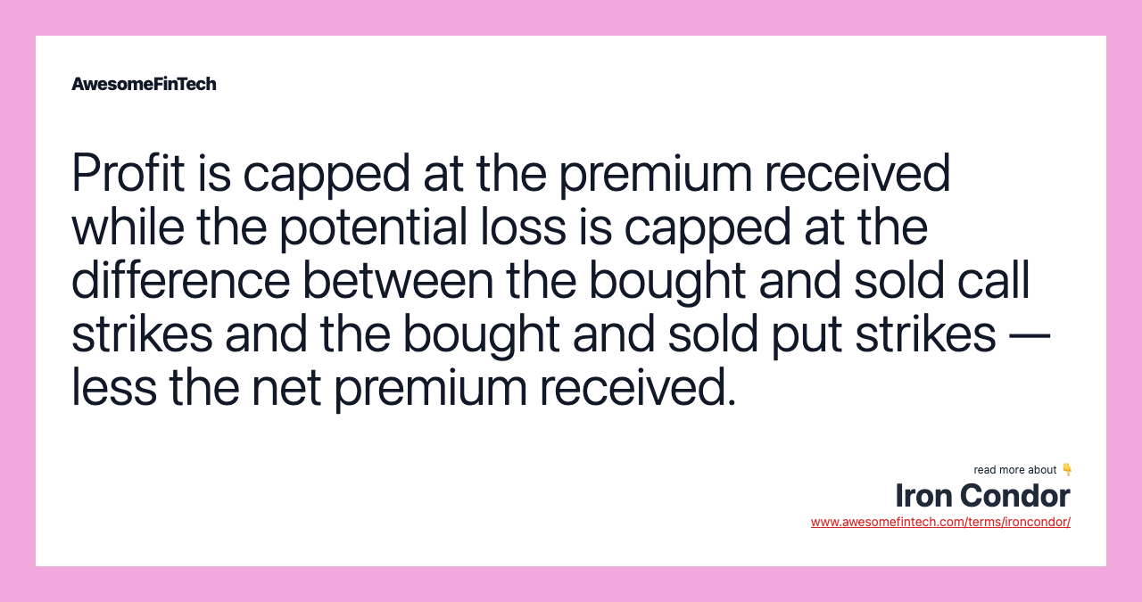 Profit is capped at the premium received while the potential loss is capped at the difference between the bought and sold call strikes and the bought and sold put strikes — less the net premium received.
