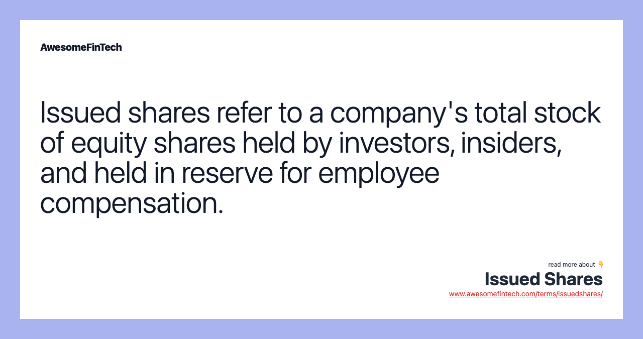 Issued shares refer to a company's total stock of equity shares held by investors, insiders, and held in reserve for employee compensation.