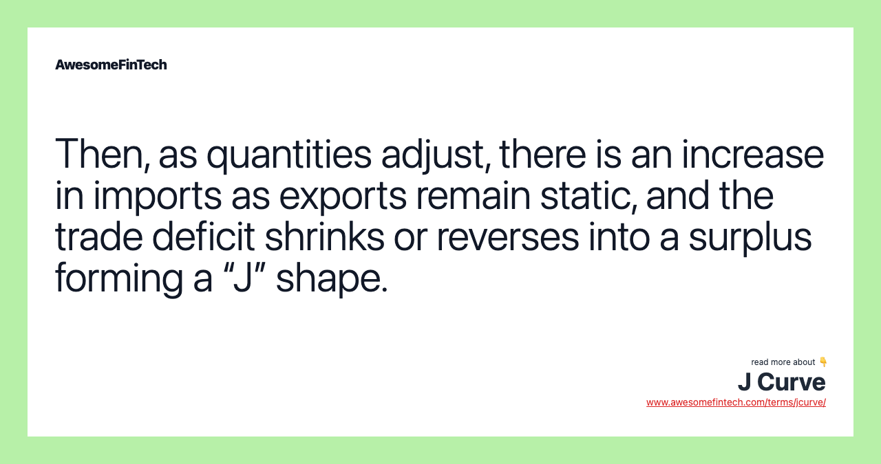 Then, as quantities adjust, there is an increase in imports as exports remain static, and the trade deficit shrinks or reverses into a surplus forming a “J” shape.