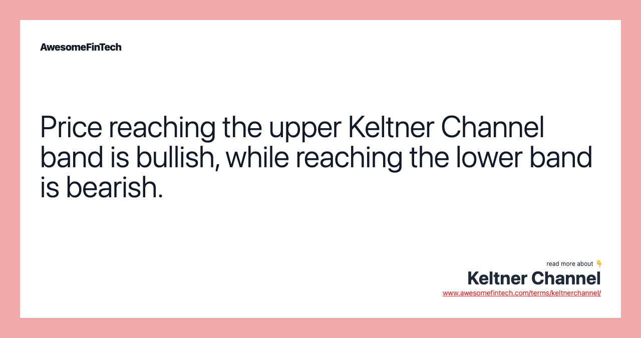 Price reaching the upper Keltner Channel band is bullish, while reaching the lower band is bearish.