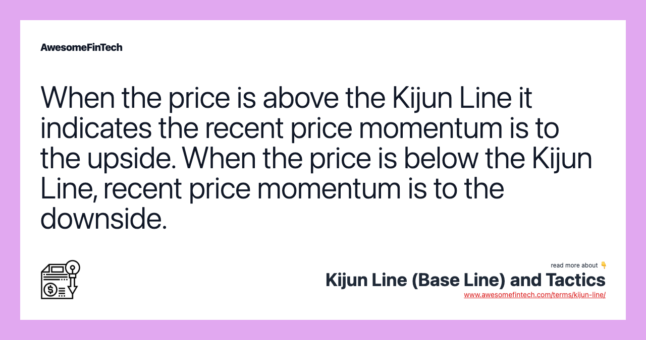 When the price is above the Kijun Line it indicates the recent price momentum is to the upside. When the price is below the Kijun Line, recent price momentum is to the downside.