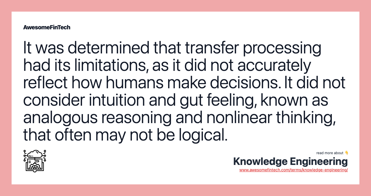 It was determined that transfer processing had its limitations, as it did not accurately reflect how humans make decisions. It did not consider intuition and gut feeling, known as analogous reasoning and nonlinear thinking, that often may not be logical.