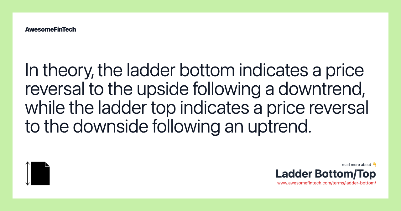 In theory, the ladder bottom indicates a price reversal to the upside following a downtrend, while the ladder top indicates a price reversal to the downside following an uptrend.