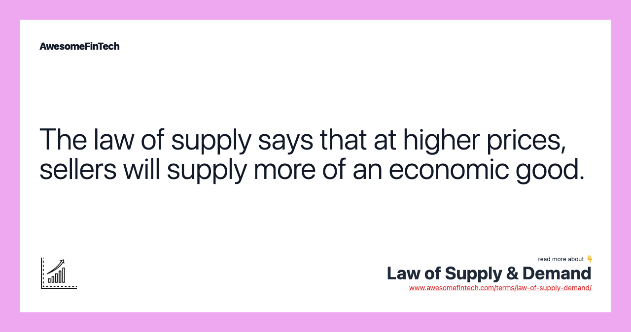 The law of supply says that at higher prices, sellers will supply more of an economic good.