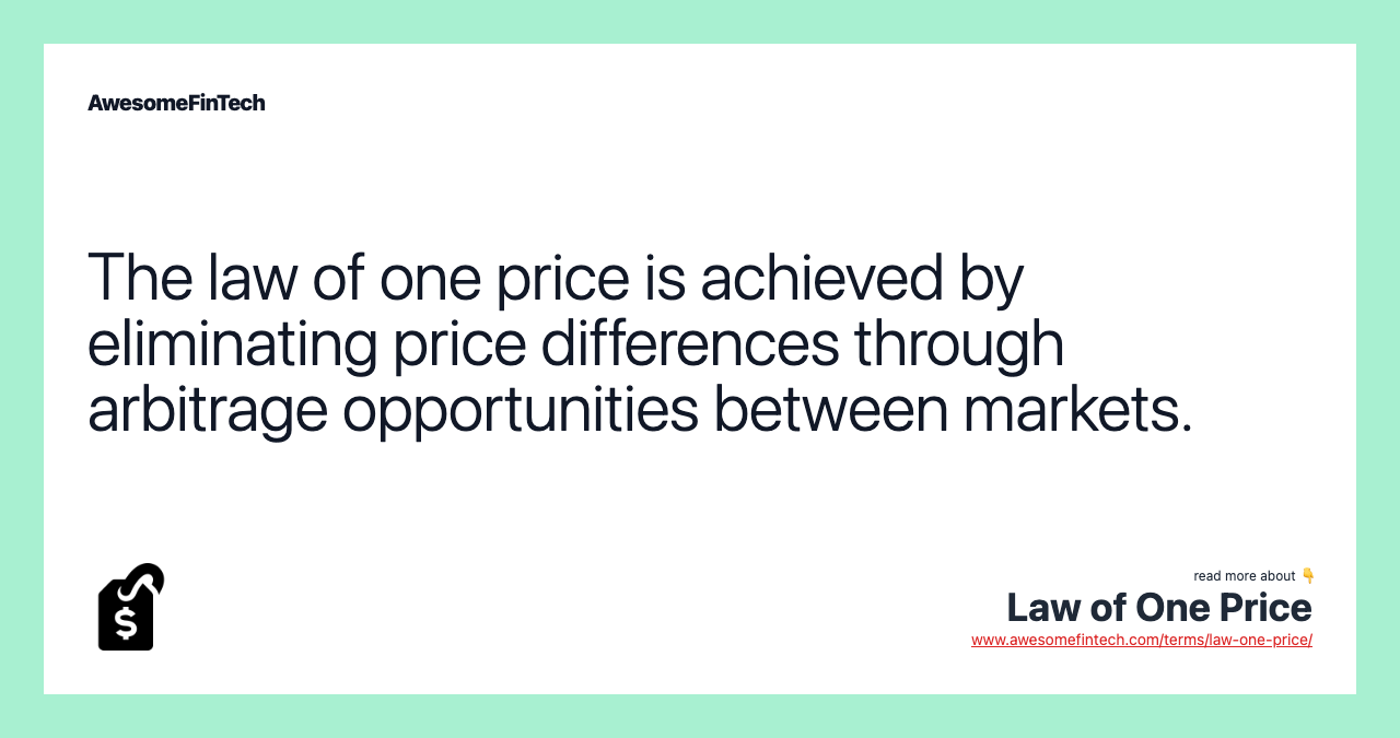 The law of one price is achieved by eliminating price differences through arbitrage opportunities between markets.
