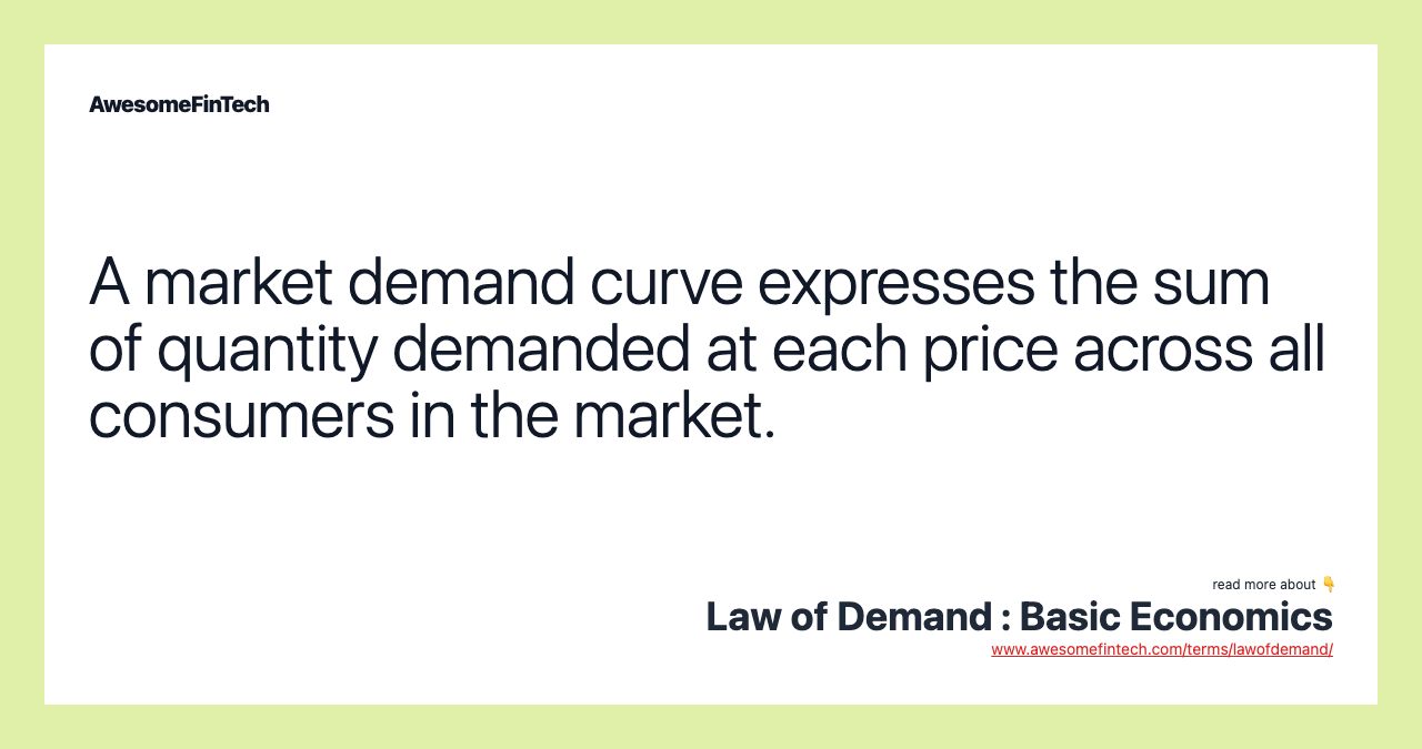 A market demand curve expresses the sum of quantity demanded at each price across all consumers in the market.
