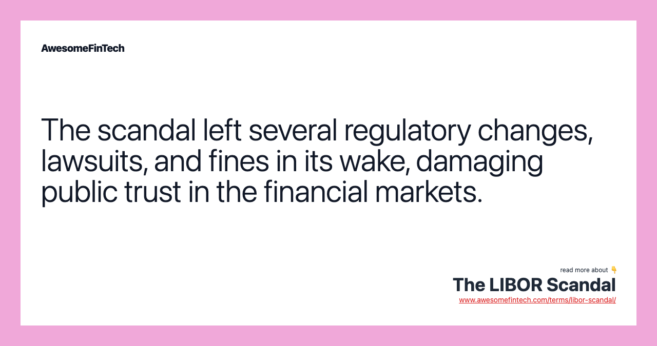 The scandal left several regulatory changes, lawsuits, and fines in its wake, damaging public trust in the financial markets.