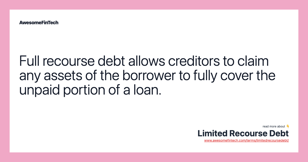 Full recourse debt allows creditors to claim any assets of the borrower to fully cover the unpaid portion of a loan.