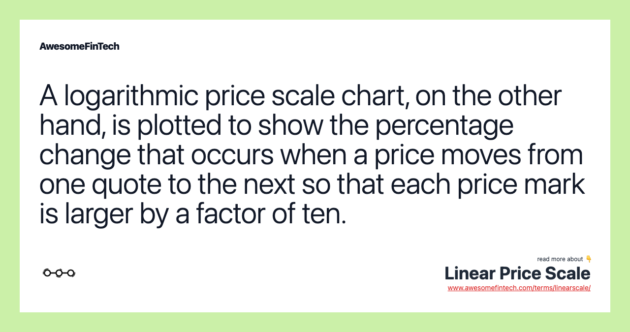 A logarithmic price scale chart, on the other hand, is plotted to show the percentage change that occurs when a price moves from one quote to the next so that each price mark is larger by a factor of ten.
