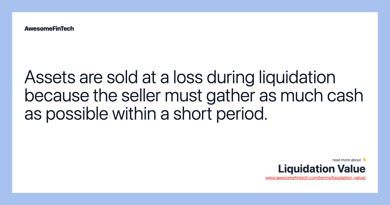 Assets are sold at a loss during liquidation because the seller must gather as much cash as possible within a short period.