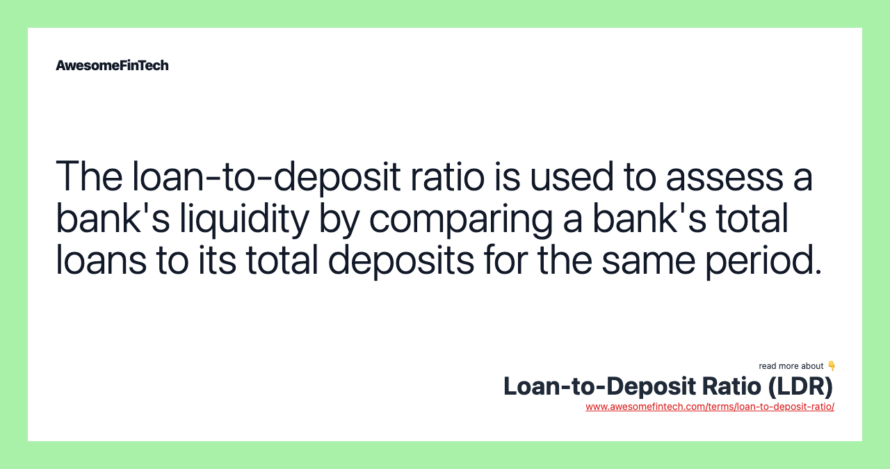 The loan-to-deposit ratio is used to assess a bank's liquidity by comparing a bank's total loans to its total deposits for the same period.