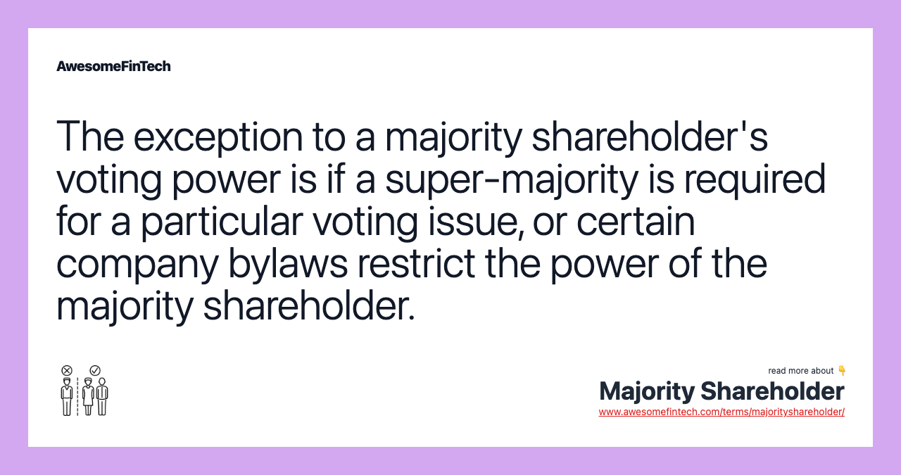 The exception to a majority shareholder's voting power is if a super-majority is required for a particular voting issue, or certain company bylaws restrict the power of the majority shareholder.