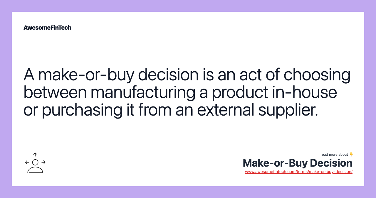 A make-or-buy decision is an act of choosing between manufacturing a product in-house or purchasing it from an external supplier.