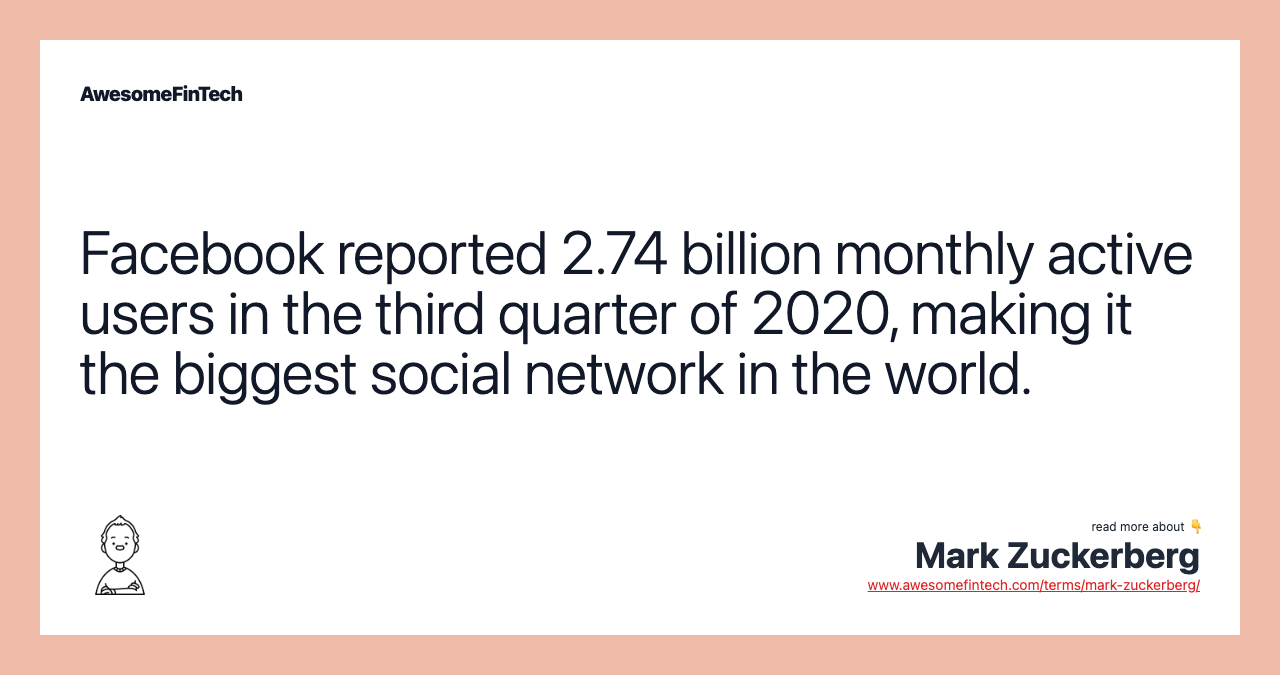 Facebook reported 2.74 billion monthly active users in the third quarter of 2020, making it the biggest social network in the world.
