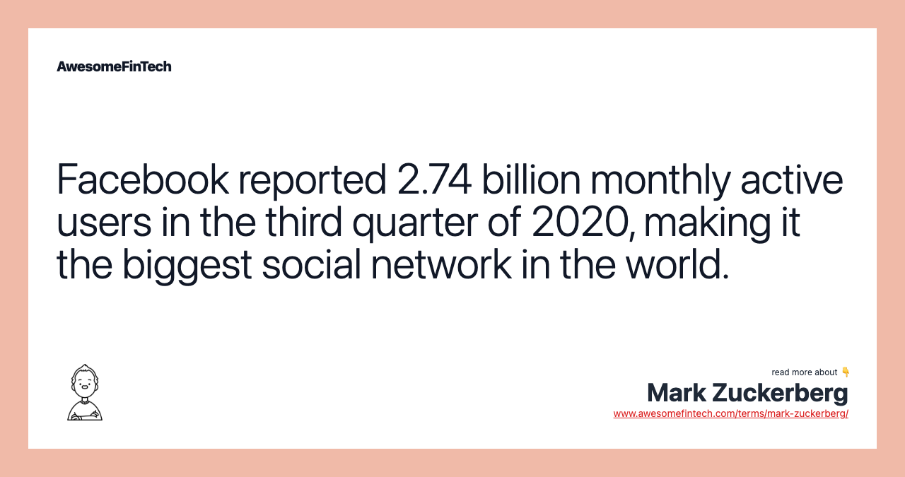 Facebook reported 2.74 billion monthly active users in the third quarter of 2020, making it the biggest social network in the world.
