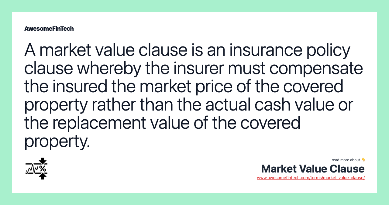 A market value clause is an insurance policy clause whereby the insurer must compensate the insured the market price of the covered property rather than the actual cash value or the replacement value of the covered property.