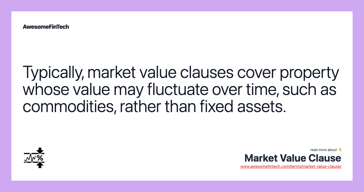 Typically, market value clauses cover property whose value may fluctuate over time, such as commodities, rather than fixed assets.