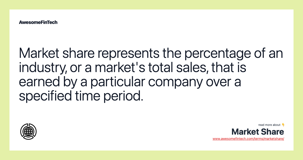 Market share represents the percentage of an industry, or a market's total sales, that is earned by a particular company over a specified time period.
