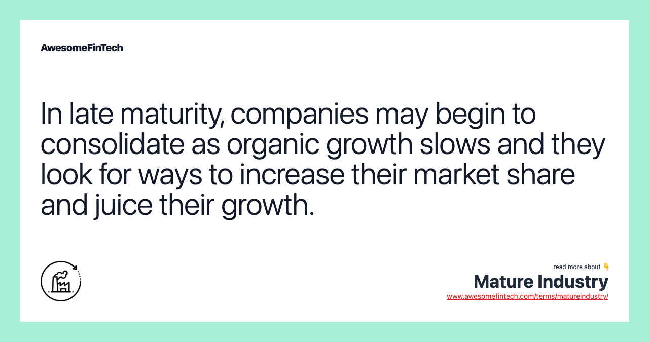 In late maturity, companies may begin to consolidate as organic growth slows and they look for ways to increase their market share and juice their growth.