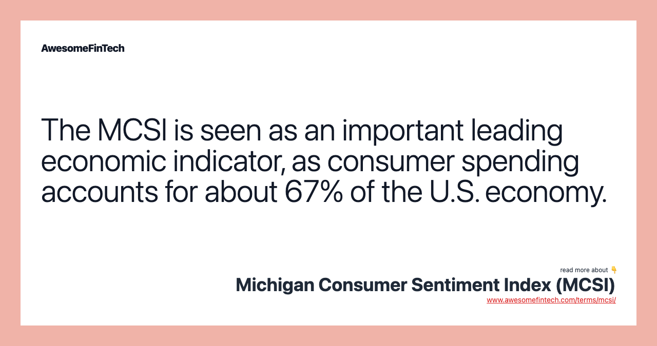 The MCSI is seen as an important leading economic indicator, as consumer spending accounts for about 67% of the U.S. economy.