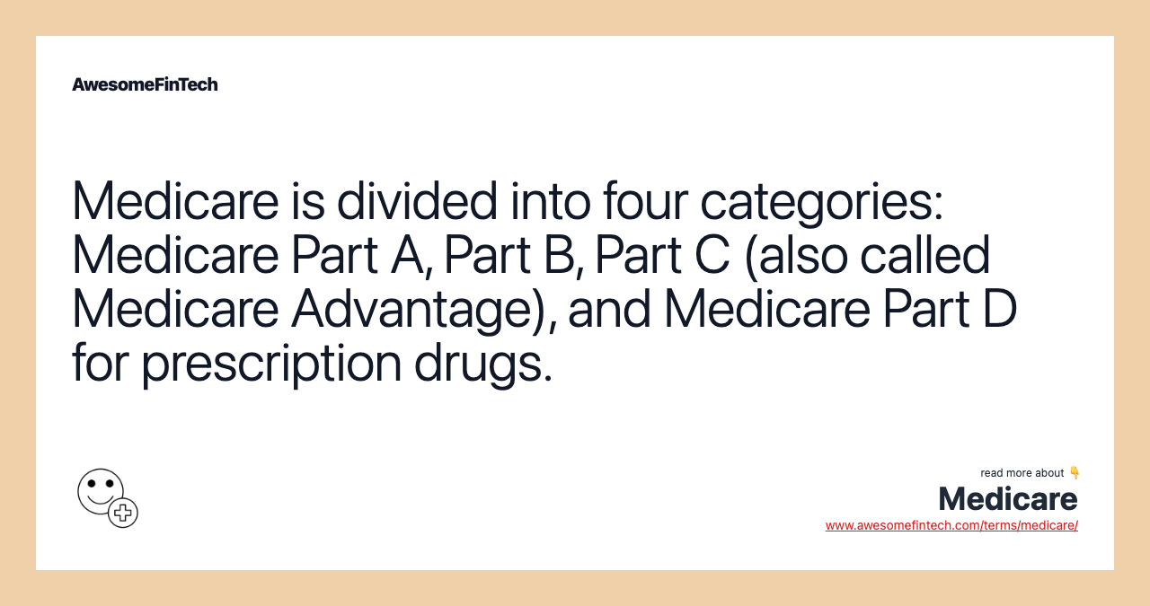 Medicare is divided into four categories: Medicare Part A, Part B, Part C (also called Medicare Advantage), and Medicare Part D for prescription drugs.