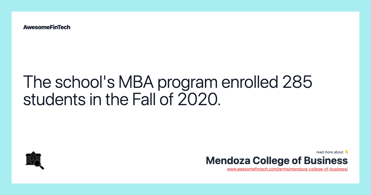 The school's MBA program enrolled 285 students in the Fall of 2020.