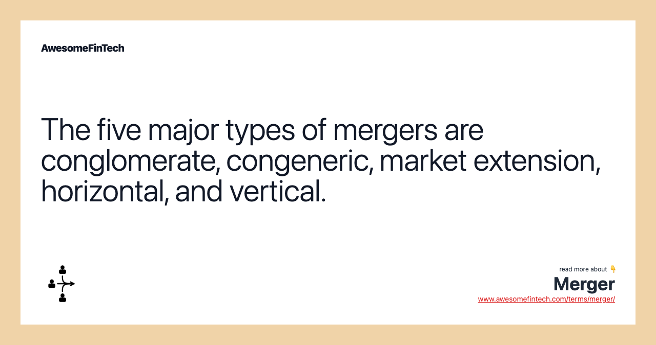 The five major types of mergers are conglomerate, congeneric, market extension, horizontal, and vertical.