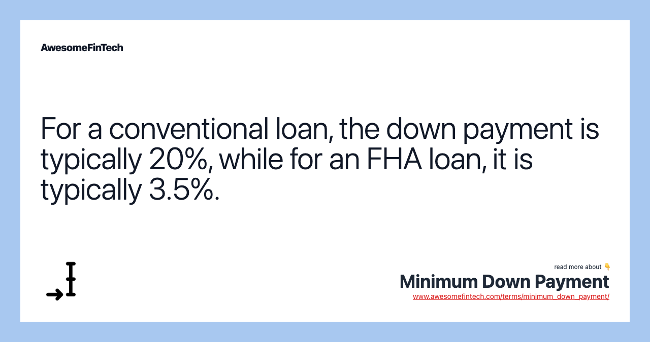 For a conventional loan, the down payment is typically 20%, while for an FHA loan, it is typically 3.5%.