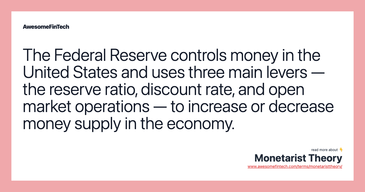 The Federal Reserve controls money in the United States and uses three main levers — the reserve ratio, discount rate, and open market operations — to increase or decrease money supply in the economy.