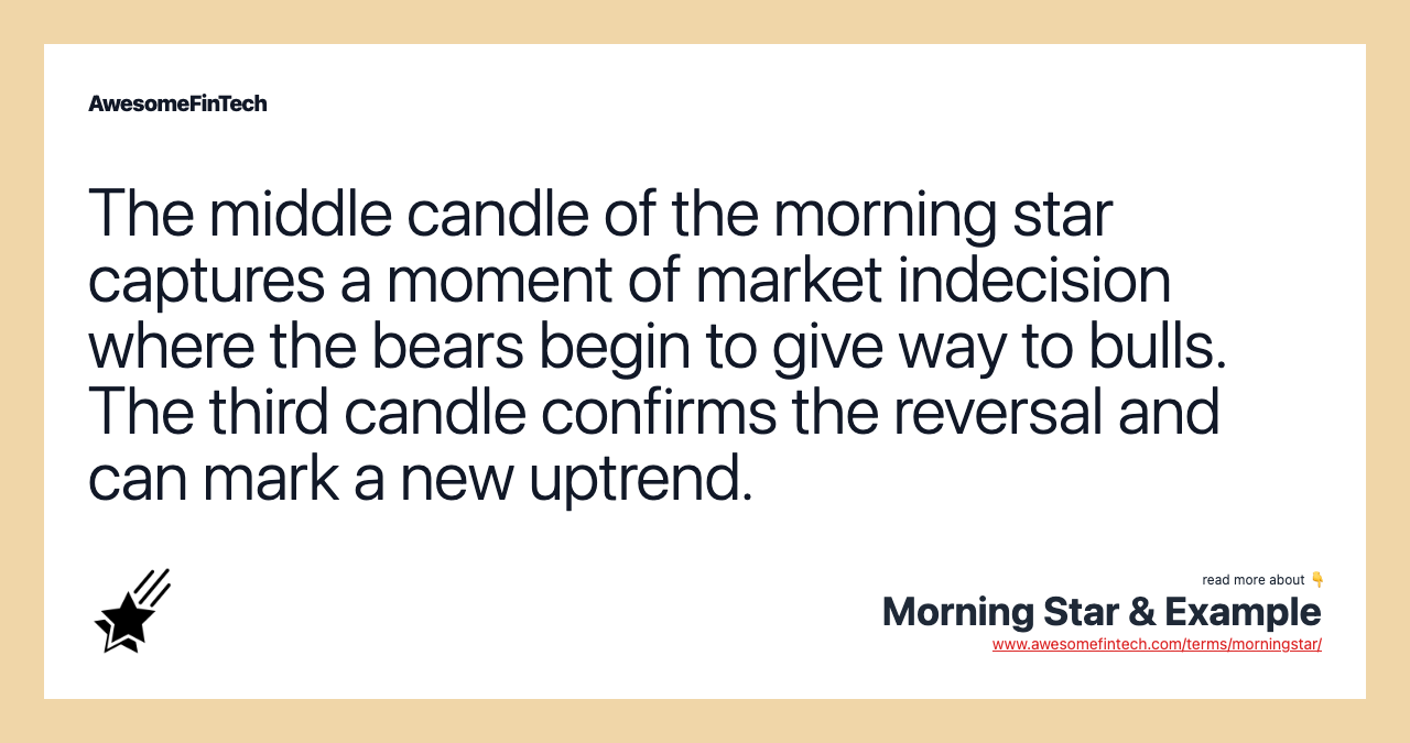 The middle candle of the morning star captures a moment of market indecision where the bears begin to give way to bulls. The third candle confirms the reversal and can mark a new uptrend.