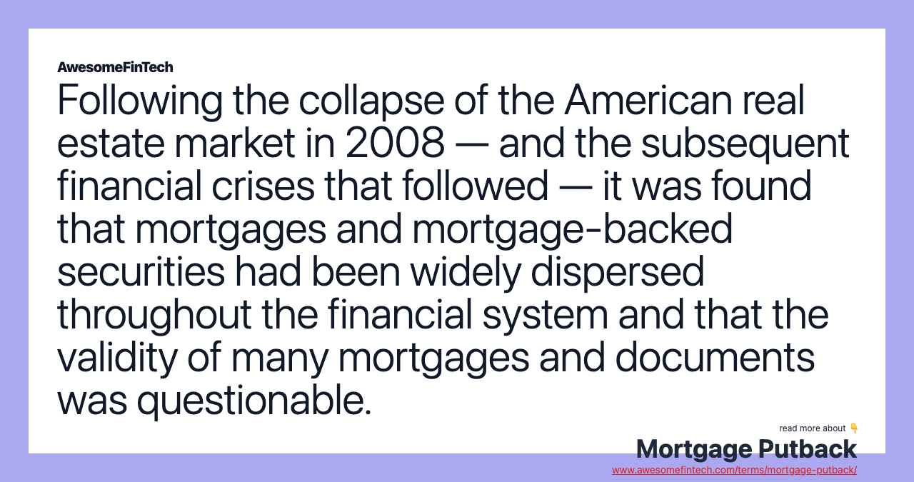 Following the collapse of the American real estate market in 2008 — and the subsequent financial crises that followed — it was found that mortgages and mortgage-backed securities had been widely dispersed throughout the financial system and that the validity of many mortgages and documents was questionable.