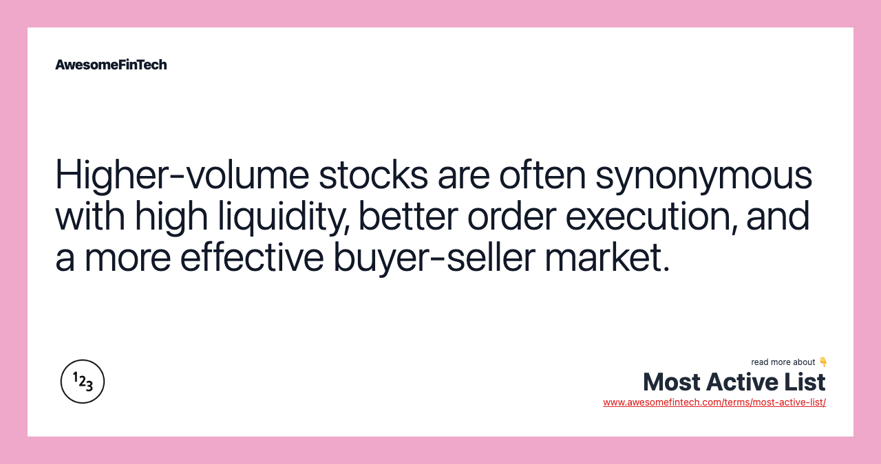 Higher-volume stocks are often synonymous with high liquidity, better order execution, and a more effective buyer-seller market.