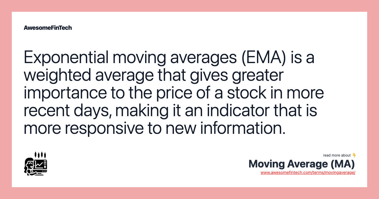 Exponential moving averages (EMA) is a weighted average that gives greater importance to the price of a stock in more recent days, making it an indicator that is more responsive to new information.