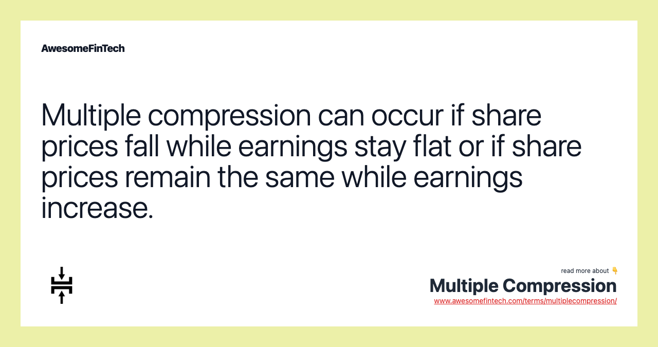 Multiple compression can occur if share prices fall while earnings stay flat or if share prices remain the same while earnings increase.