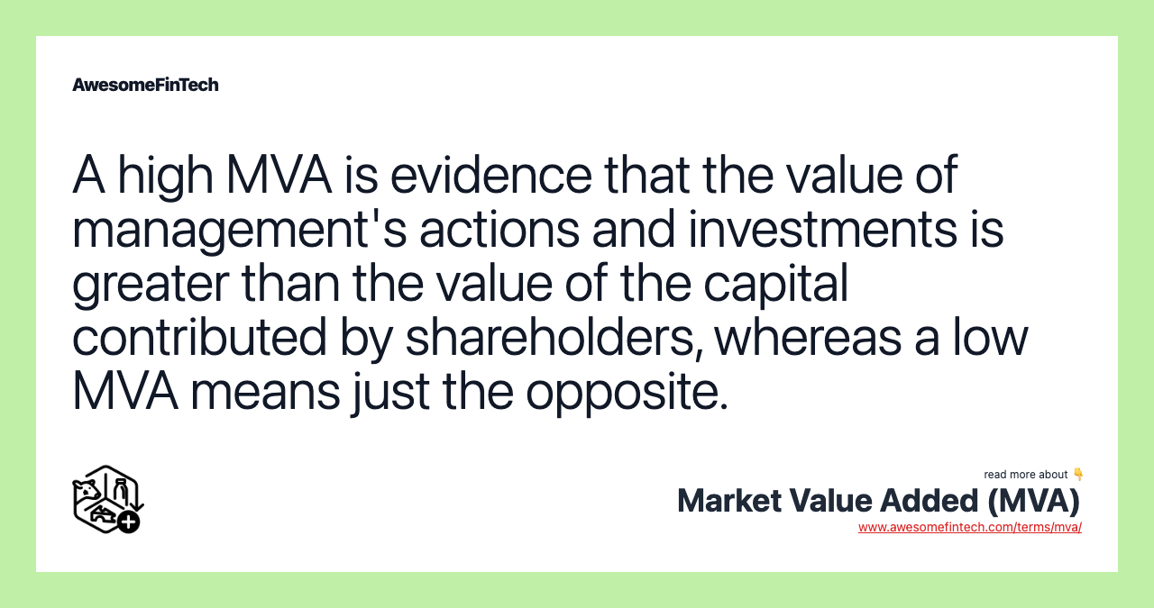 A high MVA is evidence that the value of management's actions and investments is greater than the value of the capital contributed by shareholders, whereas a low MVA means just the opposite.