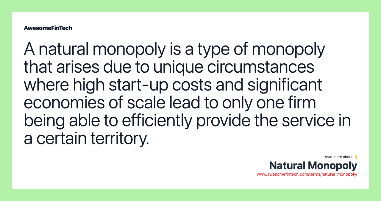 A natural monopoly is a type of monopoly that arises due to unique circumstances where high start-up costs and significant economies of scale lead to only one firm being able to efficiently provide the service in a certain territory.