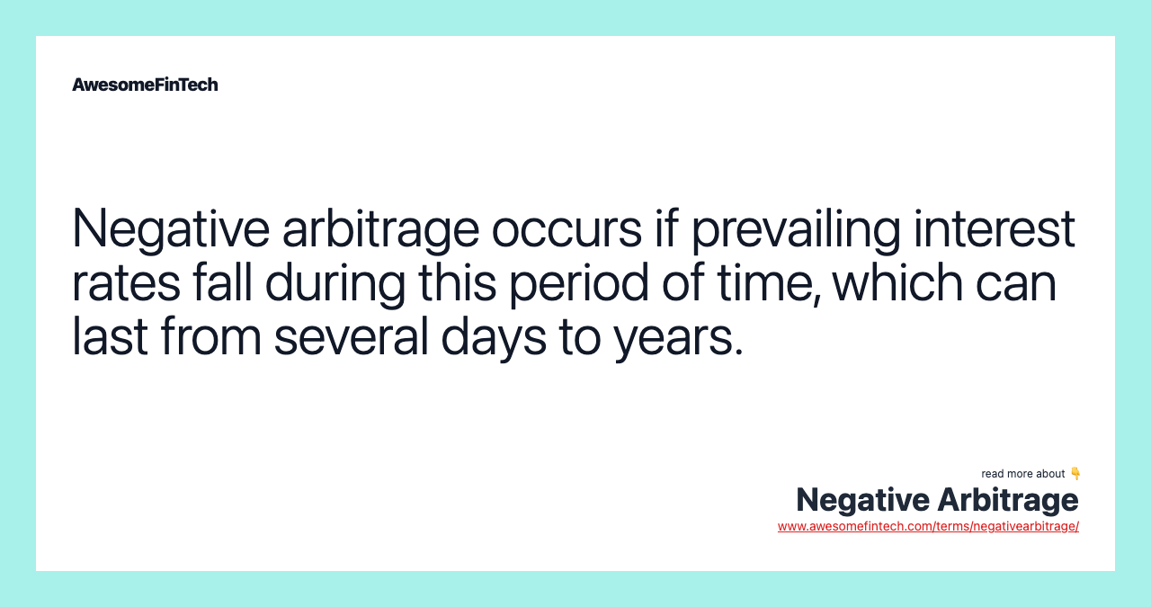 Negative arbitrage occurs if prevailing interest rates fall during this period of time, which can last from several days to years.