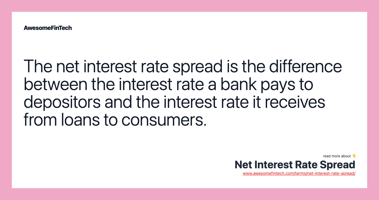 The net interest rate spread is the difference between the interest rate a bank pays to depositors and the interest rate it receives from loans to consumers.