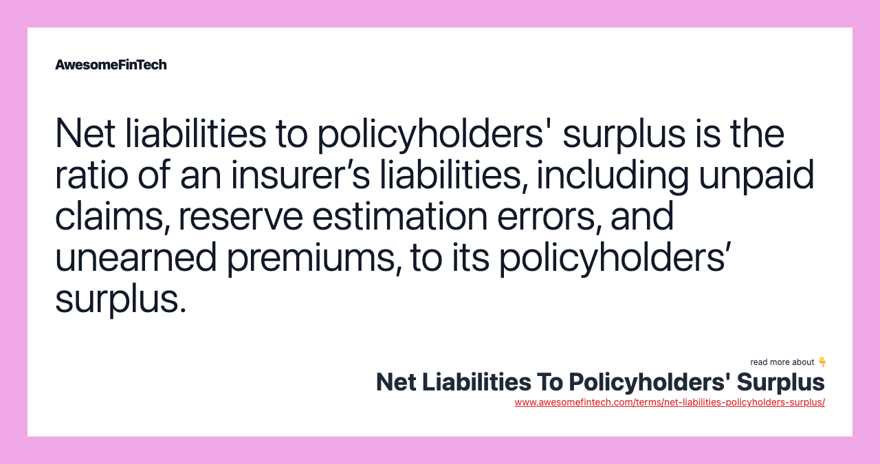 Net liabilities to policyholders' surplus is the ratio of an insurer’s liabilities, including unpaid claims, reserve estimation errors, and unearned premiums, to its policyholders’ surplus.