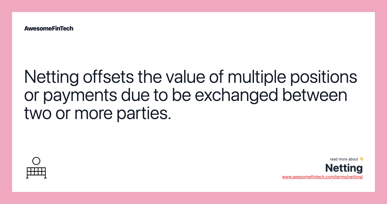 Netting offsets the value of multiple positions or payments due to be exchanged between two or more parties.