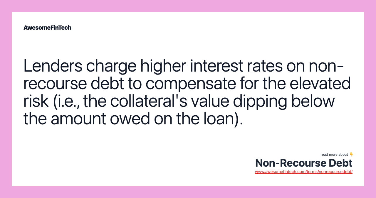 Lenders charge higher interest rates on non-recourse debt to compensate for the elevated risk (i.e., the collateral's value dipping below the amount owed on the loan).