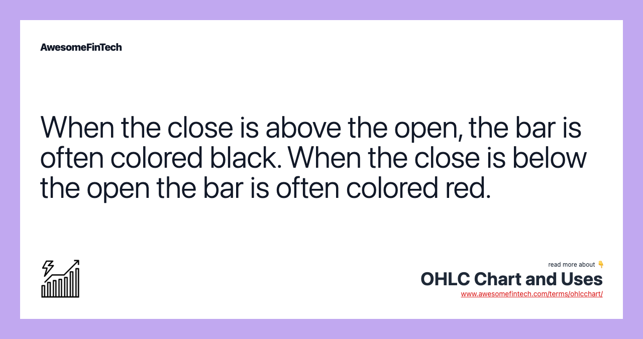 When the close is above the open, the bar is often colored black. When the close is below the open the bar is often colored red.