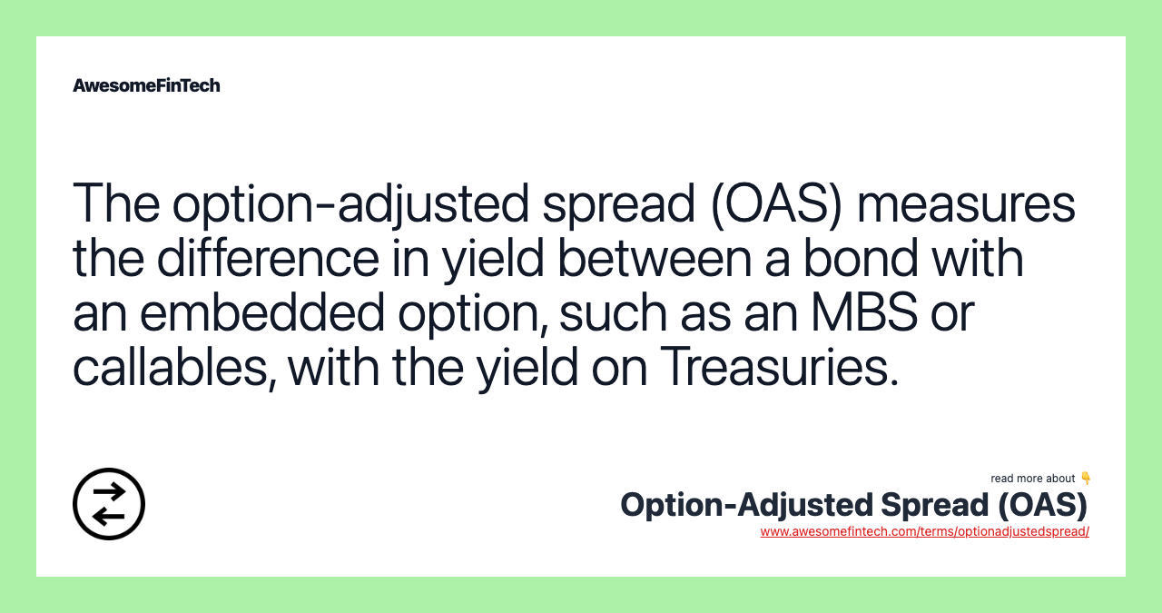 The option-adjusted spread (OAS) measures the difference in yield between a bond with an embedded option, such as an MBS or callables, with the yield on Treasuries.