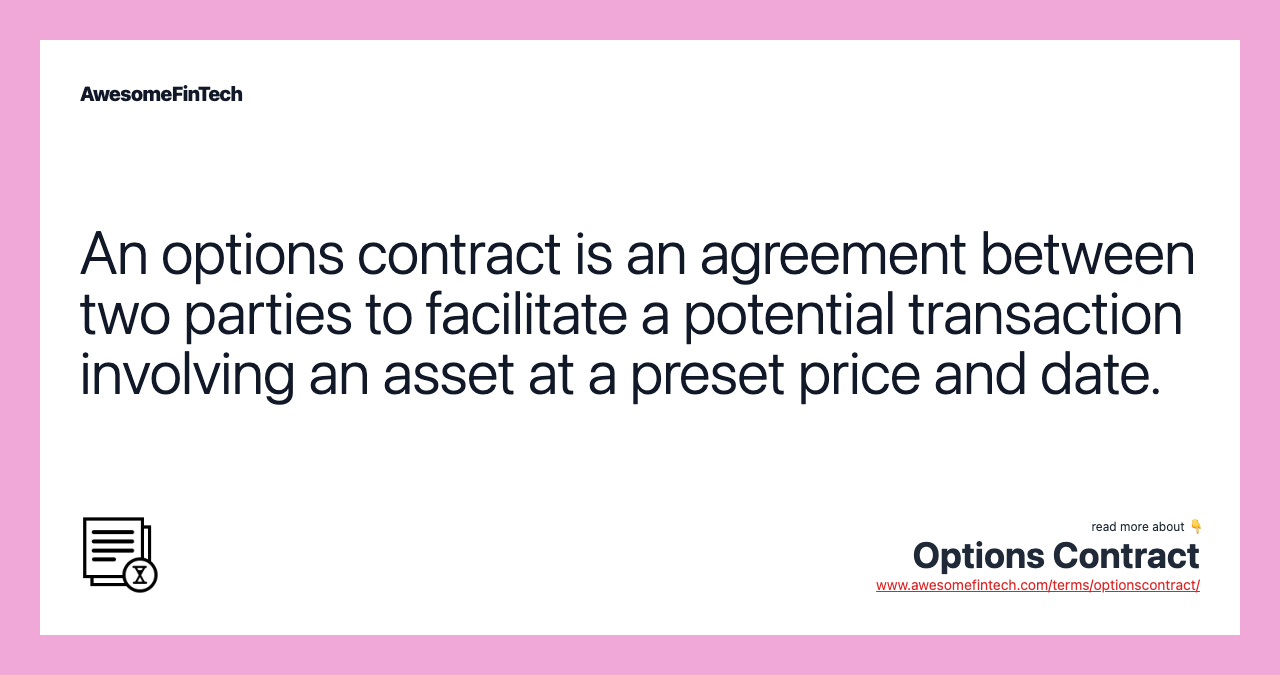An options contract is an agreement between two parties to facilitate a potential transaction involving an asset at a preset price and date.