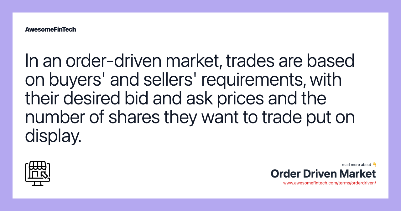 In an order-driven market, trades are based on buyers' and sellers' requirements, with their desired bid and ask prices and the number of shares they want to trade put on display.