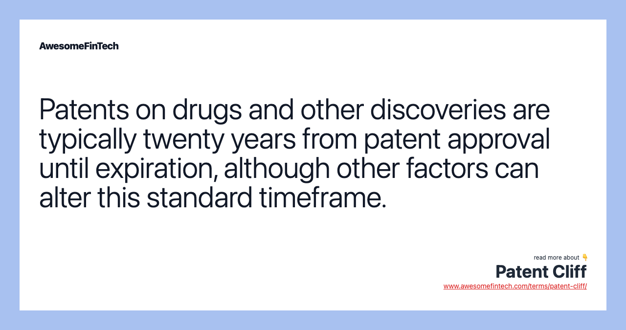 Patents on drugs and other discoveries are typically twenty years from patent approval until expiration, although other factors can alter this standard timeframe.