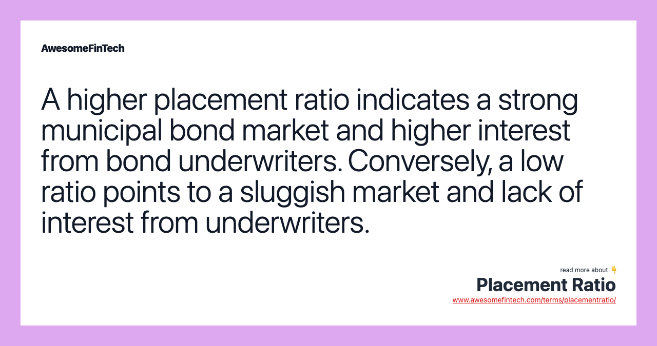 A higher placement ratio indicates a strong municipal bond market and higher interest from bond underwriters. Conversely, a low ratio points to a sluggish market and lack of interest from underwriters.